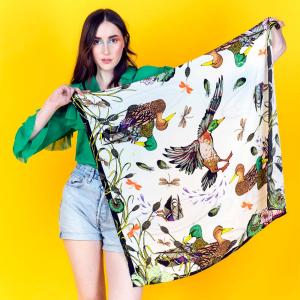 Ducking and Diving silk scarf model flat