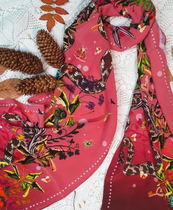silk scarf with snakes and botanical print, madder rose pink