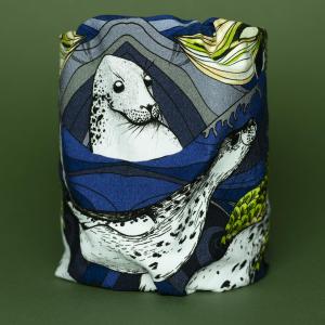 snood cowl neck warmer in seals and waves print with sea weed and shells. blue green. stretch viscose jersey unisex buff