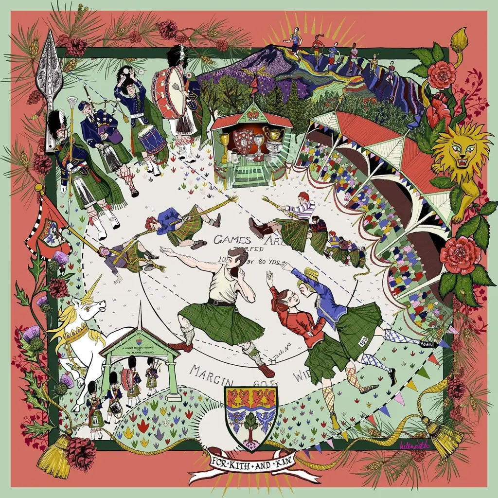 Overview of the Braemar Highland Games scarf designed by Helen Ruth Scarves