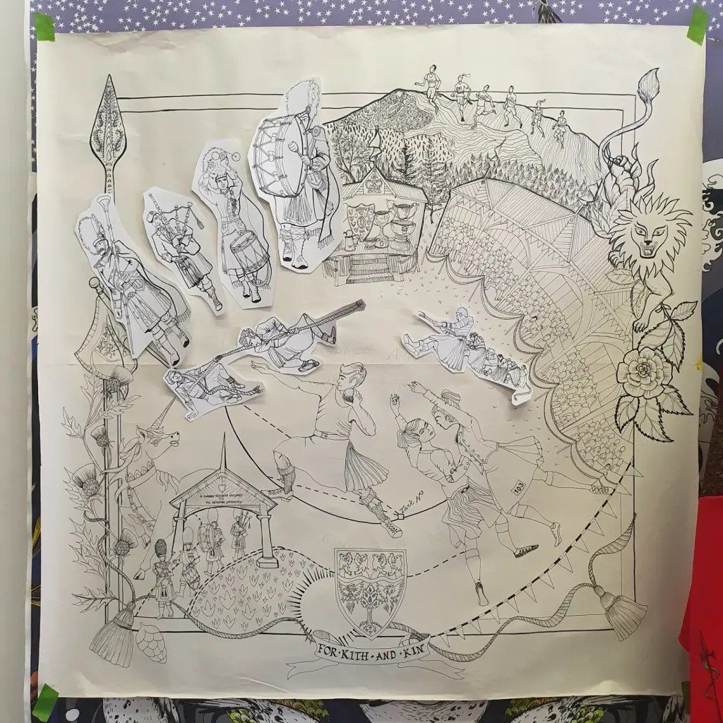 Collage for the Braemar Highland Games scarf designed by Helen Ruth Scarves