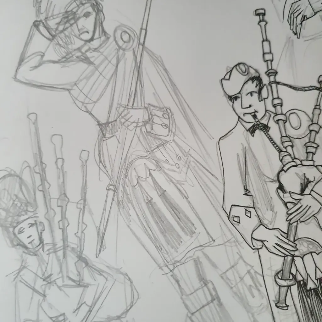 Pencil to ink of the Braemar Highland Games scarf designed by Helen Ruth Scarves