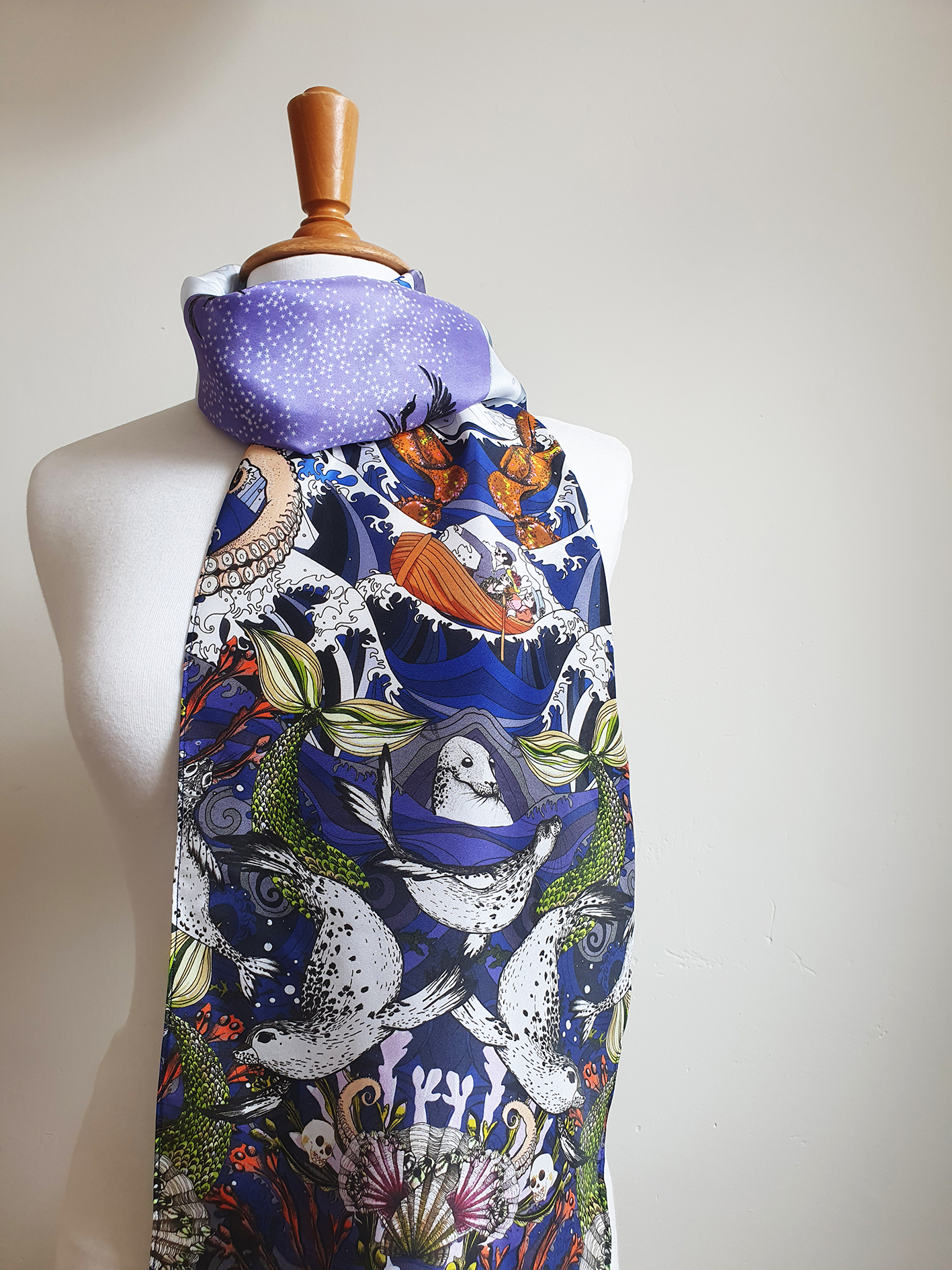 ocean theme silk scarf with seals waves mermaids and tentacles